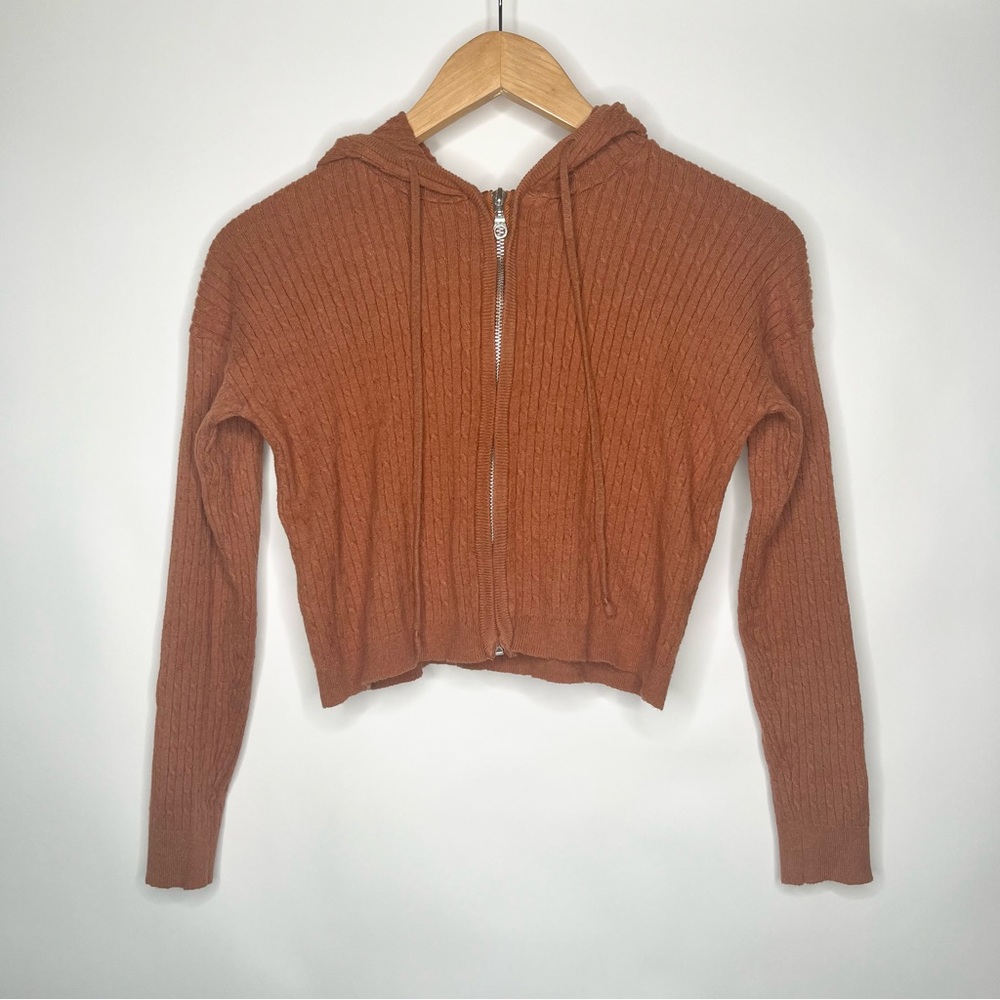 I LOVE IT CABLE STITCH KNIT JACKET FULL ZIP HOODIE SMALL BROWN NEUTRAL
